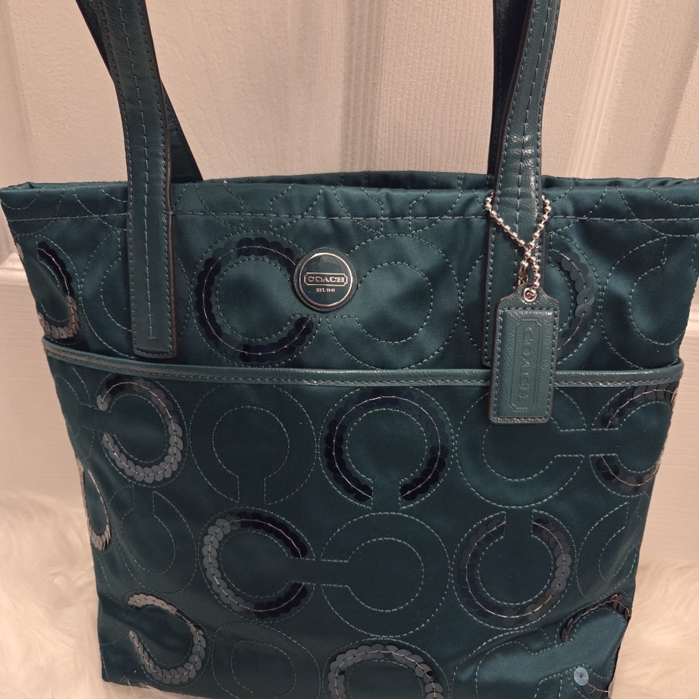 Coach Teal Signature "C" Tote With Sequins - Picture 2 of 9